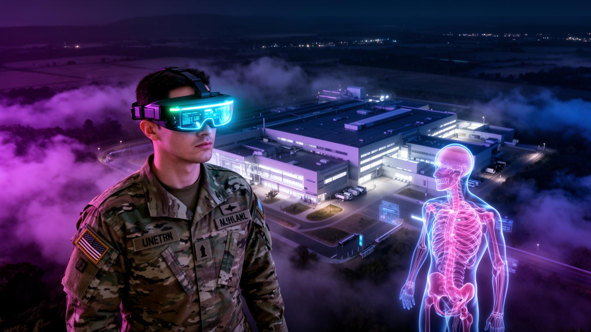 Military medic wearing an AR headset with holographic anatomical overlay